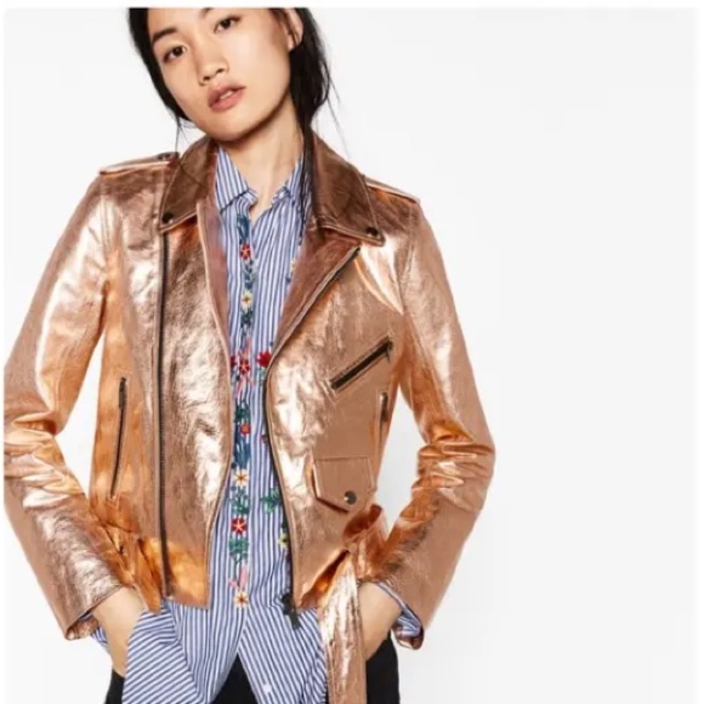 ZARA Woman Rose Gold Metallic Moto Jacket- XS